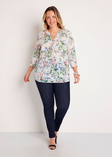 Tunique ample manches 3/4 fleurie Fond Blanc