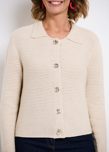 Gilet boutonné uni avec col manches longues Beige