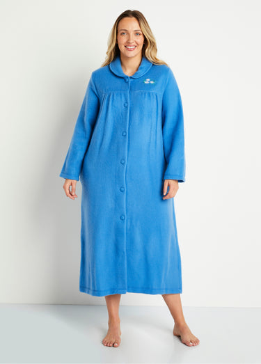 Peignoir boutonné long molleton brodé col châle Bleu