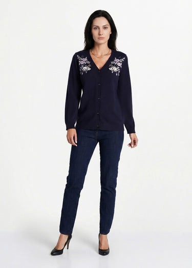 Gilet doux uni col V boutonné court brodé Marine
