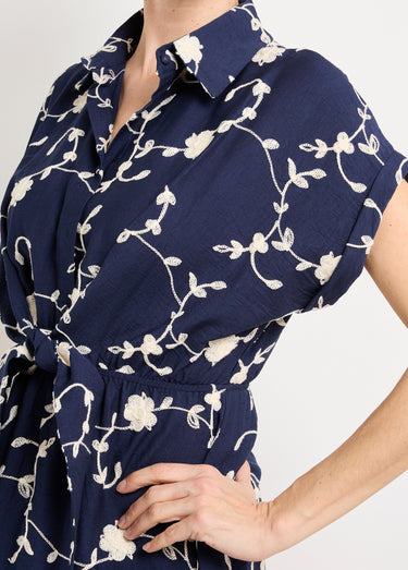 Robe courte taille nouée, fleurs brodées Marine