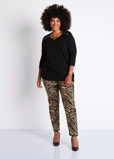T-shirt long évasé manches 3/4 col rond Uni Noir