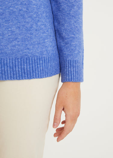 Pull chiné court col rond avec laine Bleu