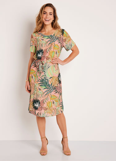 Robe droite courte motif feuilles Rose/Vert