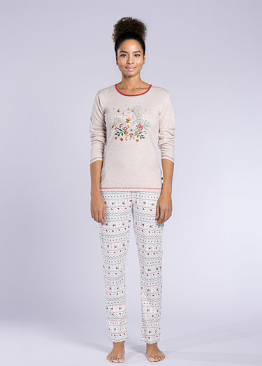 Pyjama motif col rond manches longues Beige / imprimé