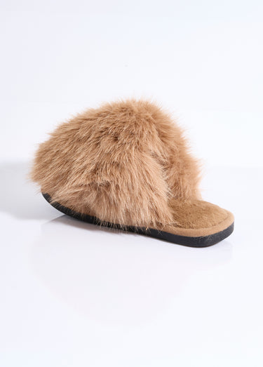 Mules en fausse fourrure longs poils Camel