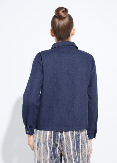 Veste boutonnée en denim, col à pointe Denim Fonce