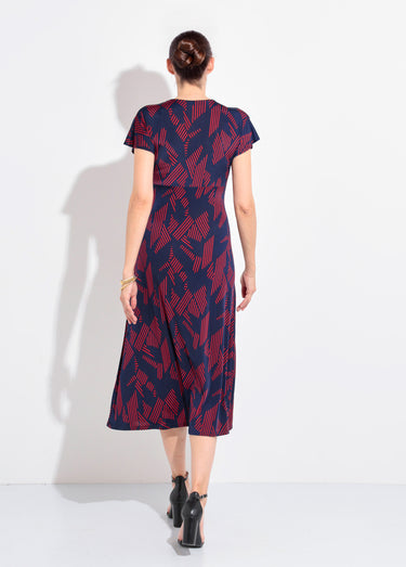 Robe longue manches col V motif graphique Marine/Bordeaux