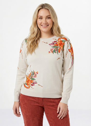 Pull chaud col rond imprimé floral manches longues Beige