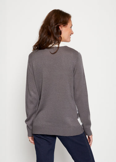 Pull maille poilue manches longues Ecru/Gris