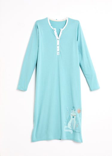 Chemise de nuit liquette mi-longue boutonnée coton Aqua