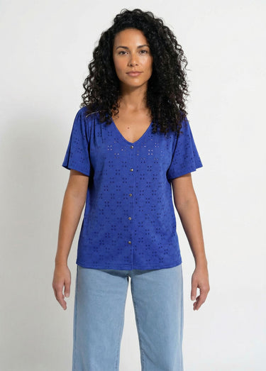 T-shirt col V effet broderie manches courtes Bleu Dur
