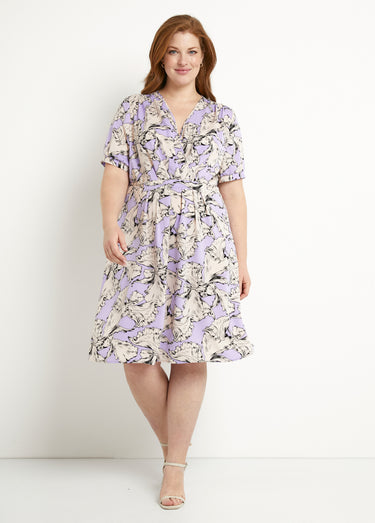 Robe courte cache-coeur fluide motif graphique Violet/ Blanc