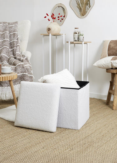 Pouf bouclette avec coffre de rangement 1B Blanc