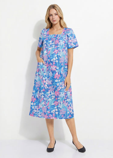 Robe-tablier courte manches courtes Bleu