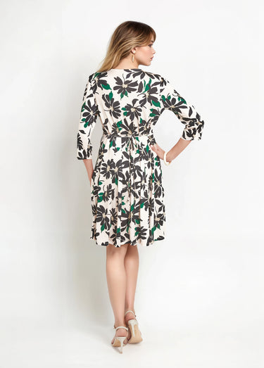 Robe fleurie boutonnée col V et manches 3/4 Beige/Noir