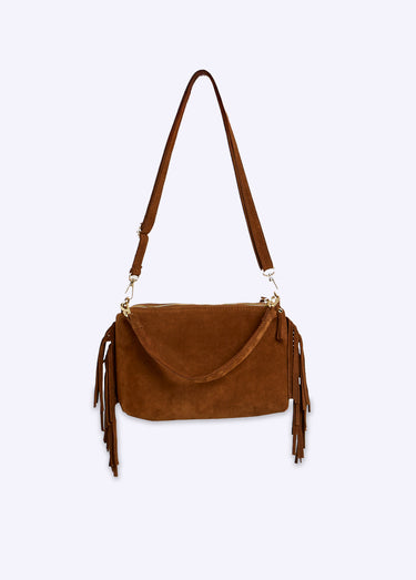 Sac besace frangé cuir nubuck Camel