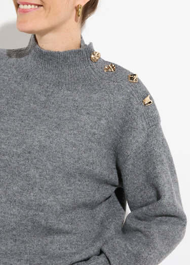 Pull col montant boutons bijou métal Gris