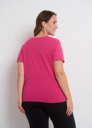 T-shirt maille pailletée manches courtes Fuchsia