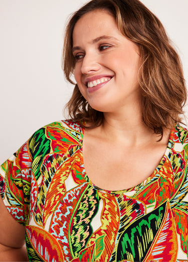 T-shirt court motif feuillage Vert/Rouge