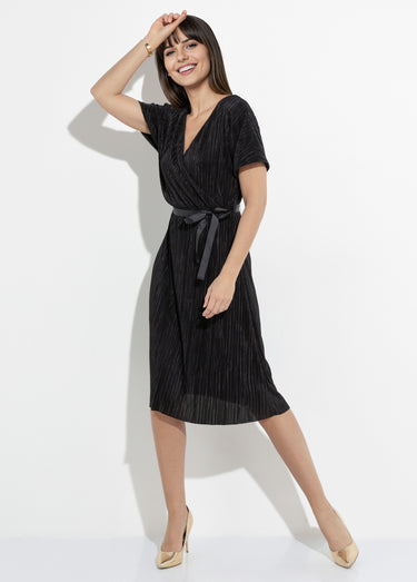 Robe chic plissée décolleté cache coeur Noir