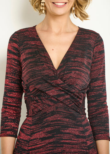 Robe décolleté V drapé maille métallisée Rouge