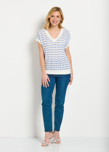 Pull sans manches col V ajouré bicolore Ecru/Bleu