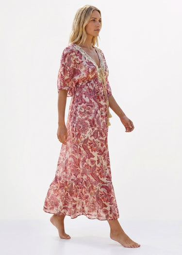 Robe de plage imprimée, encolure brodée Rose