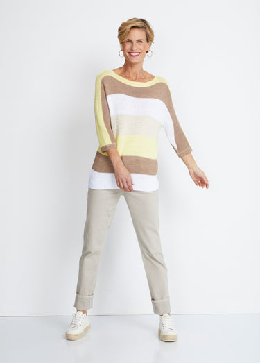 Pull rayé manches 3/4 point mousse Jaune/Dore