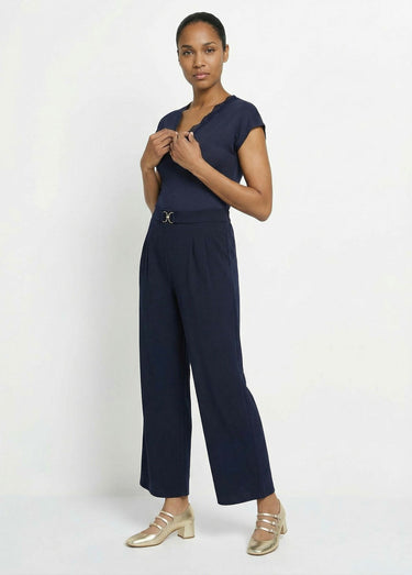 Pantalon large maille détail chic métal Marine