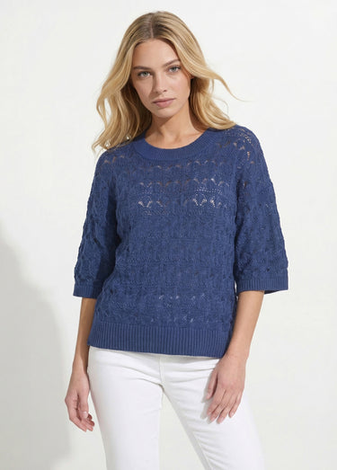 Pull manches courtes en maille ajourée Indigo