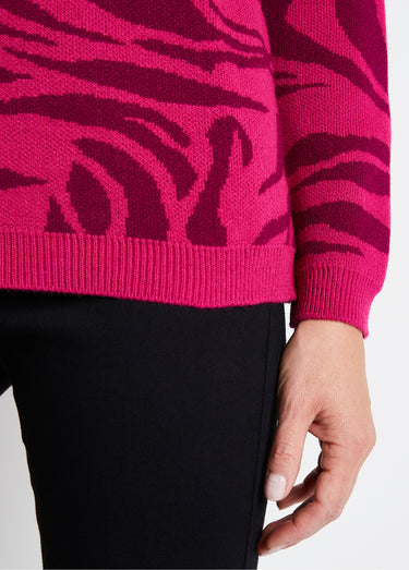Pull doux jacquard zèbre col rond Fuchsia/Cassis