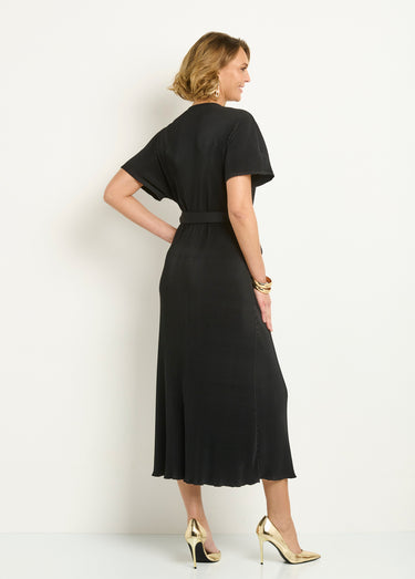 Robe longue plissée et ceinturée col V Noir