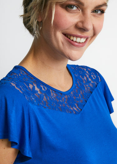 T-shirt manches courtes dentelle Bleu