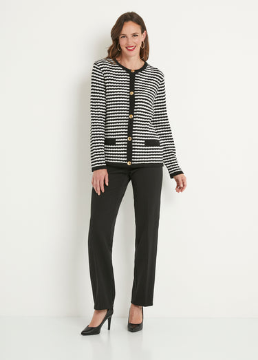 Gilet boutonné rayé chic avec col rond Noir/Ecru