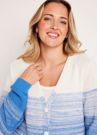 Gilet long col V boutonné coton Blanc/Bleu