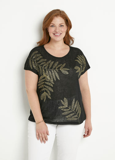 T-shirt col rond maille flammée motif doré Noir
