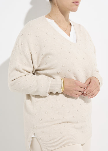 Pull col V maille fantaisie à pois Ecru
