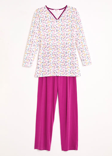 Pyjama col V imprimé manches longues coton Imprime Prune