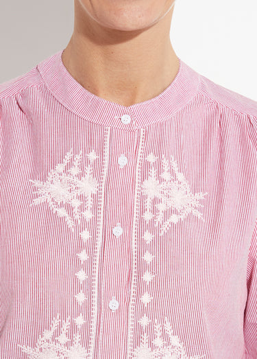 Chemisier rayé col rond et broderies Rouge