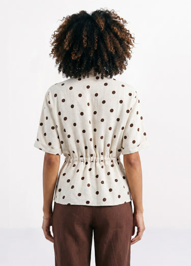 Blouse à pois ceinturée, avec lin Ecru/Marron