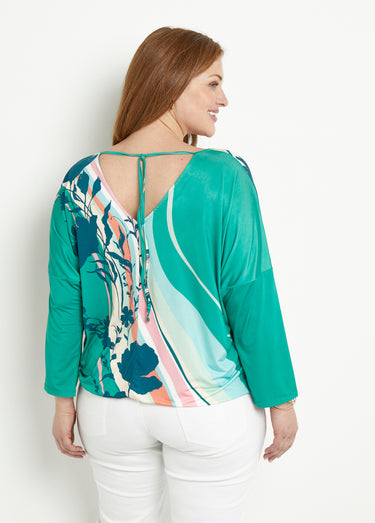 T-shirt manches 3/4 blousant à motif Vert/Rose