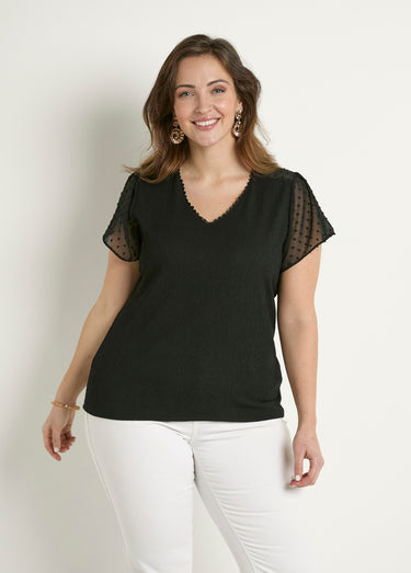T-shirt col V plumetis manches courtes Noir