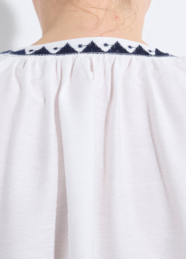 Blouse avec broderies et petit col V Blanc/Marine