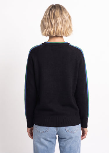 Pull col V manches lignes multicolores Noir