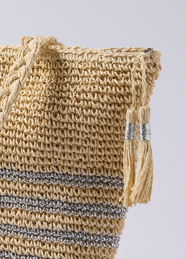 Grand sac en paille, rayures et longues anses Naturel/Argente