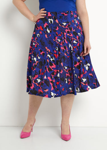 Jupe évasée mi-longue motif léopard Bleu/Fuchsia