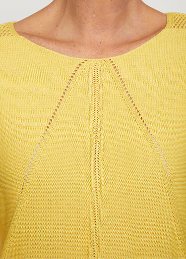 Pull en maille ajourée, manches 3/4 Jaune
