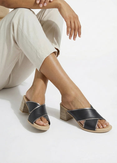 Mules brides croisées talon effet bois Noir