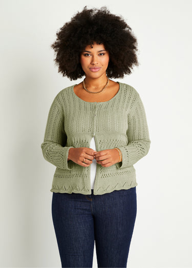 Gilet boléro court boutonné ajouré Kaki